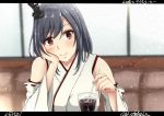 1girl black_hair blush coffee commentary_request cup detached_sleeves drinking_glass head_rest head_tilt ice kantai_collection letterboxed looking_at_viewer nontraditional_miko red_eyes ribbon-trimmed_sleeves ribbon_trim shohei_(piranha5hk) short_hair smile solo straw yamashiro_(kantai_collection) 