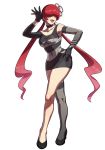  1girl alternate_costume black_dress breasts dress elbow_gloves full_body gloves hair_over_eyes long_hair official_art ogura_eisuke redhead shermie short_dress smile snk snk_heroines:_tag_team_frenzy solo the_king_of_fighters thigh-highs 