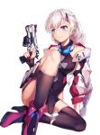  1girl absurdres bangs benghuai_xueyuan black_legwear blue_eyes bodysuit boots braid breasts gun handgun high_heel_boots high_heels highres holding holding_gun holding_weapon honkai_impact kallen_kaslana large_breasts long_hair looking_at_viewer pistol silver_hair simple_background single_sock single_thighhigh sitting skindentation socks solo thigh-highs tied_hair weapon white_background zombie-andy 