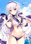  1girl alternate_costume anchor_symbol armband azur_lane bangs bare_shoulders belfast_(azur_lane) bikini blue_bikini_bottom blue_eyes blue_sky blush braid breasts chains cleavage clouds collar collarbone commentary_request day eyebrows_visible_through_hair floating_hair fujima_takuya groin head_tilt holding_shawl large_breasts long_hair looking_at_viewer maid_headdress navel outdoors sailor_bikini_top sailor_collar shawl shiny shiny_skin side-tie_bikini sidelocks silver_hair skindentation sky solo stomach swimsuit thighs towel water wet wet_clothes wind wind_lift 