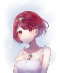  1girl bangs bare_shoulders dress highres pyra_(xenoblade) looking_at_viewer mirin. red_eyes redhead short_hair simple_background smile solo swept_bangs tiara xenoblade_(series) xenoblade_2 
