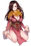  1girl bangs bow breasts brown_eyes brown_hair cleavage closed_mouth commentary_request detached_sleeves fire_emblem fire_emblem_heroes fire_emblem_if hair_over_one_eye jurge kagerou_(fire_emblem_if) large_breasts long_hair looking_at_viewer ninja ponytail sash scarf sitting solo underbust wariza white_bow yellow_scarf 