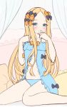  1girl abigail_williams_(fate/grand_order) absurdres babydoll bangs bare_arms bare_shoulders black_bow blonde_hair blue_babydoll blue_eyes blue_panties blush bow closed_mouth collarbone curtains eyebrows_visible_through_hair fate/grand_order fate_(series) forehead hair_bow hands_up highres long_hair moyoron orange_bow panties parted_bangs pillow smile solo underwear underwear_only very_long_hair 