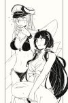  2girls ahoge alternate_costume bangs bare_shoulders bikini blunt_bangs blush bow breasts cleavage closed_mouth collarbone cowboy_shot enemy_lifebuoy_(kantai_collection) flying_sweatdrops graf_zeppelin_(kantai_collection) greyscale hair_between_eyes hair_bow hair_over_shoulder hair_ribbon hair_tubes hat innertube iron_cross kantai_collection long_hair midriff military_hat mizuho_(kantai_collection) monochrome multiple_girls navel peaked_cap ribbon side-tie_bikini sidelocks simple_background smile sweat swimsuit twintails very_long_hair weidashming white_background wristband 