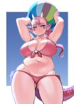  1girl arms_up ball beachball belly bikini breasts cleavage collarbone dragon_girl dragon_horns dragon_tail elf-san_wa_yaserarenai. highres horns large_breasts long_hair navel pink_hair plump pointy_ears ponytail red_bikini red_eyes side-tie_bikini solo swimsuit synecdoche tail thick_eyebrows thick_thighs thighs 