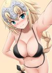  1girl bikini black_bikini blonde_hair blue_eyes blush braid breasts cleavage collarbone commentary_request fate/apocrypha fate/grand_order fate_(series) fuuma_nagi hand_on_hip headpiece jeanne_d&#039;arc_(fate) jeanne_d&#039;arc_(fate)_(all) large_breasts long_braid looking_at_viewer navel self_shot single_braid solo swimsuit 