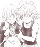  1boy 1girl artist_name bangs bare_shoulders belt blush breasts collarbone dragon_tattoo earrings elizabeth_liones greyscale hair_between_eyes hair_over_one_eye hands_on_another&#039;s_chest harumiya jewelry long_hair long_sleeves looking_at_viewer maid medium_breasts meliodas monochrome nanatsu_no_taizai parted_lips shoulder_tattoo tattoo upper_body 