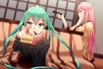  2girls aqua_eyes aqua_hair black_shirt blue_eyes chin_rest collarbone eyebrows_visible_through_hair floating_hair geduan hair_between_eyes hatsune_miku highres holding index_finger_raised indoors kotatsu long_hair looking_at_viewer lying megurine_luka mouth_hold multiple_girls on_stomach pink_hair shiny shiny_hair shirt sitting table under_kotatsu under_table very_long_hair vocaloid wooden_floor 