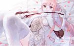  1girl bangs bed_sheet blunt_bangs cape covered_navel elbow_gloves eyebrows_visible_through_hair fate/grand_order fate_(series) fur-trimmed_cape fur_trim gloves holding_whip long_hair looking_at_viewer lying medb_(fate/grand_order) on_back pink_eyes pink_hair pink_petals riding_crop sara_(kurome1127) skirt smile thigh-highs tiara twitter_username white_gloves white_legwear white_pillow white_skirt 