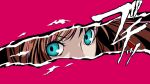  1girl a.i._channel absurdres blue_eyes brown_hair highres kizuna_ai kuze_arisa looking_at_viewer multicolored_hair parody persona persona_5 persona_eyes pink_hair red_background streaked_hair 