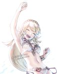  1girl bikini blonde_hair blush braid breasts closed_eyes fire_emblem fire_emblem_heroes highres long_hair looking_at_viewer open_mouth sharena simple_background smile solo swimsuit tomentomob white_background 