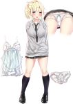 1girl babydoll blonde_hair blue_eyes cardigan dress_shirt elf fang hair_ornament hairclip highres loafers long_hair looking_at_viewer necktie open_mouth original panties pikacchi pointy_ears ponytail school_uniform shirt shoes skirt smile solo thighs underwear uniform white_panties 