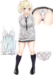  1girl babydoll blonde_hair blue_eyes cardigan dress_shirt elf fang hair_ornament hairclip highres loafers long_hair looking_at_viewer necktie open_mouth original panties pikacchi pointy_ears ponytail school_uniform shirt shoes skirt smile solo thighs underwear uniform white_panties 