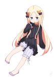  1girl abigail_williams_(fate/grand_order) bangs black_bow black_dress blonde_hair bloomers blue_eyes blush bow bug butterfly closed_mouth commentary_request dress eyebrows_visible_through_hair fate/grand_order fate_(series) hair_bow highres insect kujou_karasuma long_hair long_sleeves looking_at_viewer no_hat no_headwear orange_bow parted_bangs pink_footwear polka_dot polka_dot_bow shoes signature simple_background sitting sleeves_past_fingers sleeves_past_wrists smile solo underwear very_long_hair white_background white_bloomers 