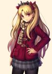  1girl absurdres bangs black_legwear blonde_hair brown_background brown_scarf closed_mouth commentary_request cowboy_shot ereshkigal_(fate/grand_order) eyebrows_visible_through_hair fate/grand_order fate_(series) grey_skirt hair_ribbon hand_on_hip head_tilt highres jacket long_hair long_sleeves mishiro0229 pantyhose parted_bangs plaid plaid_scarf plaid_skirt pleated_skirt red_eyes red_jacket red_ribbon ribbon scarf simple_background skirt smile solo tiara two_side_up very_long_hair 