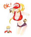  1boy 1girl bent_over breasts cleavage crop_top denim denim_shorts genderswap genderswap_(mtf) hand_on_hip hat_tip highres long_hair looking_at_viewer ponytail rock_howard short_shorts shorts simple_background smile snk_heroines:_tag_team_frenzy terry_bogard the_king_of_fighters white_background 
