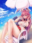  1girl absurdres animal_ears ass bangs barefoot benghuai_xueyuan bikini blue_eyes blue_sky breasts cleavage day headphones headphones_around_neck highres honkai_impact horizon large_breasts long_hair looking_at_viewer ocean pink_hair rabbit_ears shiny shiny_skin sitting sky solo swimsuit violet_eyes yae_sakura_(benghuai_xueyuan) zombie-andy 