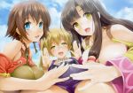  3girls absurdres amy_(suisei_no_gargantia) black_hair blue_eyes blue_sky blush breasts brown_hair cleavage clouds day earrings green_eyes hair_ornament hair_tubes hands_up highres ishikei jewelry large_breasts long_hair looking_at_viewer melty_(suisei_no_gargantia) multiple_girls necklace open_mouth saaya_(suisei_no_gargantia) scan short_hair sky smile suisei_no_gargantia twintails yellow_eyes 