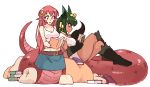  2girls animal_ears anubis_(monster_girl_encyclopedia) belt black_hair book crossover full_body green_eyes green_hair jewelry lamia legs_crossed long_hair midriff miia_(monster_musume) monster_girl monster_girl_encyclopedia monster_musume_no_iru_nichijou multiple_girls open_mouth paws pillow pointy_ears profile reading redhead rtil scales simple_background sitting sitting_on_person skirt snake_tail tail tank_top white_background white_tank_top yellow_eyes 