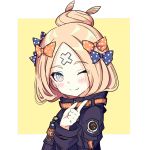  1girl abigail_williams_(fate/grand_order) absurdres alternate_hairstyle artist_request bandaid_on_forehead bangs belt black_bow black_jacket blonde_hair blue_eyes blush border bow fate/grand_order fate_(series) forehead hair_bow hair_bun high_collar highres index_finger_raised jacket long_hair looking_at_viewer one_eye_closed orange_bow parted_bangs polka_dot polka_dot_bow simple_background sleeves_past_fingers sleeves_past_wrists smile solo white_border yellow_background 