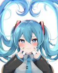  1girl aqua_nails blue_hair blue_nails chromatic_aberration fingernails grin hatsune_miku heart highres karasusou_nano long_hair looking_at_viewer nail_polish necktie shirt smile solo twintails very_long_hair vocaloid 