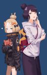  2girls abigail_williams_(fate/grand_order) absurdres bag bangs black_bow black_jacket black_pants blue_background blue_eyes bow casual commentary_request eyebrows_visible_through_hair fate/grand_order fate_(series) grey_hoodie hair_bow hair_bun highres hood hood_down hoodie jacket katsushika_hokusai_(fate/grand_order) light_brown_hair long_sleeves multiple_girls object_hug orange_bow pants parted_bangs purple_hair sanbe_futoshi shoulder_bag sleeves_past_fingers sleeves_past_wrists standing star stuffed_animal stuffed_toy teddy_bear 