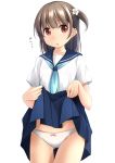  1girl :o ass_visible_through_thighs bangs blue_neckwear blue_sailor_collar blue_skirt blush bow bow_panties brown_hair collarbone commentary_request eyebrows_visible_through_hair flower hair_between_eyes hair_flower hair_ornament head_tilt highres lifted_by_self looking_at_viewer neckerchief nose_blush one_side_up original panties parted_lips pleated_skirt red_eyes sailor_collar school_uniform serafuku shibacha shirt short_sleeves simple_background skirt skirt_lift solo stomach translated underwear white_background white_flower white_panties white_shirt 