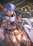  1boy blue_eyes blue_hair cape celice_(fire_emblem) fire_emblem fire_emblem:_seisen_no_keifu fire_emblem:_thracia_776 garmmy headband long_hair looking_at_viewer pauldrons solo sword traditional_media watercolor_(medium) weapon 