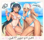  2girls aqua_eyes bangs bare_shoulders beach bikini black_hair blue_sky blush bracelet clouds cloudy_sky commentary_request earrings eyebrows_visible_through_hair green_eyes jewelry kneeling lips long_hair looking_at_viewer masami_chie multiple_girls navel ocean official_art open_mouth outdoors ponytail shimashima08123 shiny shiny_hair shiny_skin shore side_ponytail signature sky smile sweat sweatdrop swimsuit tan tanline tokyo_exe_girls tongue tongue_out water white_hair 