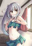  1girl bikini blush book breasts eyebrows_visible_through_hair green_bikini grey_hair highres kantai_collection kasumi_(kantai_collection) long_hair looking_at_viewer open_mouth room side_ponytail small_breasts solo soramuko sweat sweatdrop swimsuit window yellow_eyes 