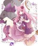  1girl animal_ears boots brown_skirt capelet cat_ears chains commentary crystal flower fur-trimmed_capelet fur-trimmed_sleeves fur_trim hair_flower hair_ornament highres holding holding_wand jacket knee_boots long_hair long_sleeves looking_at_viewer original pink_hair pocket_watch purple_capelet purple_footwear purple_jacket red_eyes red_flower shirt skirt sleeves_past_fingers sleeves_past_wrists solo stuffed_animal stuffed_cat stuffed_toy symbol_commentary tsukiyo_(skymint) very_long_hair wand watch white_background white_shirt white_wings wide_sleeves wings 