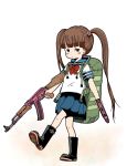  1girl ak-47 assault_rifle backpack bag blue_eyes blush_stickers boots brown_hair commentary dual_wielding gun holding holding_gun holding_weapon original rifle school_uniform serafuku simple_background solo trigger_discipline twintails walking weapon yukimoto_shuuji_(gurigura) 