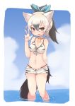  1girl :d aardwolf_(kemono_friends) aardwolf_ears aardwolf_tail absurdres bare_shoulders bikini black_eyes black_hair blue_sky breasts clouds day extra_ears fang groin hair_between_eyes hair_ribbon hand_up heart heart-shaped_pupils highres kemono_friends looking_at_viewer medium_breasts multicolored_hair navel open_mouth outdoors ponytail ribbon seashell_necklace short_hair short_shorts shorts sky smile solo stomach swimsuit symbol-shaped_pupils teranekosu two-tone_hair w wading water white_hair 