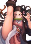  1girl bamboo bit_gag black_hair fighting_stance gag gradient_hair hinoru_saikusa japanese_clothes kamado_nezuko kimetsu_no_yaiba kimono kneehighs leg_lift leg_up long_hair mouth_hold multicolored_hair orange_hair pink_eyes pink_kimono pink_ribbon ribbon simple_background slit_pupils solo split spread_legs standing standing_on_one_leg standing_split thighs veins white_background 