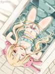  1girl bare_legs bare_shoulders bathtub blonde_hair futaba_anzu highres idolmaster idolmaster_cinderella_girls low_twintails navel one_eye_closed open_mouth partially_submerged sogabe_toshinori solo swimsuit twintails water yellow_eyes 