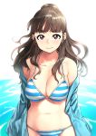  1girl bangs bikini breasts brown_hair cleavage collarbone hair_bun idolmaster idolmaster_cinderella_girls jacket kamiya_nao large_breasts long_hair looking_at_viewer navel off_shoulder open_clothes open_jacket smile solo striped striped_bikini swimsuit tachibana_roku thick_eyebrows wading 