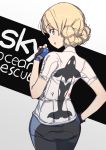  1girl ass back bangs bike_jersey bike_shorts blonde_hair blue_eyes blue_gloves braid commentary_request cowboy_shot darjeeling eyebrows_visible_through_hair fingerless_gloves from_behind girls_und_panzer gloves hand_on_hip highres logo looking_at_viewer looking_back onsen_tamago_(hs_egg) open_mouth orca shirt short_hair short_sleeves smile solo standing tied_hair twin_braids white_shirt 