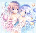  2girls :d :o amedamacon angora_rabbit animal blue_bow blue_choker blue_eyes blue_hair blush bow breasts brown_hair choker cleavage collarbone commentary_request detached_sleeves diagonal_stripes double_bun dress elbow_gloves food gloves gochuumon_wa_usagi_desu_ka? hair_bow hair_up hand_holding highres hoto_cocoa ice_cream ice_cream_cone interlocked_fingers kafuu_chino long_hair medium_breasts multiple_girls open_mouth parted_lips puffy_short_sleeves puffy_sleeves rabbit red_bow red_choker short_sleeves side_bun small_breasts smile sparkle strapless strapless_dress striped striped_bow tippy_(gochiusa) violet_eyes white_dress white_gloves 