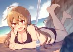  3girls ass beach bikini black_bikini blue_eyes blue_sky blush breasts brown_eyes brown_hair cleavage clouds collarbone day fang gangut_(kantai_collection) grey_hair hair_between_eyes hat hibiki_(kantai_collection) highres kantai_collection long_hair looking_at_viewer low_twintails lying medium_breasts multiple_girls ocean oil on_stomach open_mouth outdoors parasol rock sand shinopoko silver_hair sky smile sun sun_hat swimsuit tashkent_(kantai_collection) towel twintails umbrella verniy_(kantai_collection) 