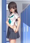  1girl black_hair brown_eyes closed_mouth eto eyebrows_visible_through_hair highres indoors locker locker_room long_hair looking_down open_clothes open_skirt original panties pleated_skirt revision school_uniform serafuku skirt solo standing underwear undressing white_panties 