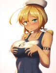  1girl armlet blonde_hair blue_eyes blush breasts collarbone hands_on_own_chest hat i-8_(kantai_collection) kantai_collection large_breasts lips low_twintails maku_ro name_tag one-piece_swimsuit peaked_cap red-framed_eyewear sailor_hat school_swimsuit semi-rimless_eyewear simple_background solo swimsuit twintails under-rim_eyewear upper_body white_background 