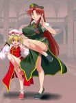  2girls beret blonde_hair braid chinese_clothes crystal fang fighting_stance flandre_scarlet hat hong_meiling long_hair medium_hair multiple_girls nakamura_3sou red_eyes redhead short_hair side_ponytail star the_embodiment_of_scarlet_devil touhou twin_braids wings 