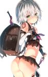  1girl :o ass backpack bag bandage bandaged_arm bandages bangs bare_shoulders black_gloves black_panties black_shirt blush breasts commentary_request dagger eyebrows_visible_through_hair facial_scar fate/grand_order fate_(series) fingerless_gloves gloves green_eyes hair_between_eyes head_tilt highleg highleg_panties holding holding_dagger holding_weapon jack_the_ripper_(fate/apocrypha) looking_at_viewer looking_to_the_side neckerchief panties parted_lips purple_neckwear randoseru sailor_collar scar scar_across_eye scar_on_cheek shirt shoulder_tattoo silver_hair simple_background single_glove sleeveless sleeveless_shirt small_breasts solo sune_(mugendai) tattoo underwear weapon white_background white_sailor_collar 