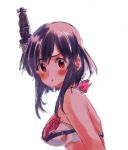  1girl bikini_top black_hair blush breasts commentary_request hair_ornament kantai_collection looking_at_viewer medium_breasts red_eyes sagamiso short_hair simple_background solo white_background yamashiro_(kantai_collection) 