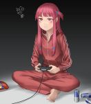  1girl annoyed bangs barefoot blunt_bangs can eyebrows_visible_through_hair full_body game_console indian_style kotonoha_akane kurione_(zassou) long_hair long_sleeves one_side_up pink_eyes pink_hair playing_games playstation_4 playstation_controller red_bull sitting solo track_suit v-shaped_eyebrows voiceroid 