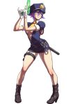  1girl alternate_costume blue_eyes blue_hair blush breasts cleavage full_body gloves hat love_heart official_art ogura_eisuke police police_hat police_uniform policewoman small_breasts snk snk_heroines:_tag_team_frenzy solo the_king_of_fighters uniform 