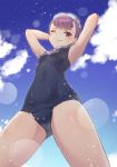  1girl armpits arms_behind_head bare_arms bare_shoulders blue_sky blush breasts clouds cloudy_sky commentary_request covered_navel eyebrows_visible_through_hair fate/grand_order fate_(series) from_below helena_blavatsky_(fate/grand_order) helena_blavatsky_(swimsuit_archer)_(fate) highres light_particles light_rays looking_at_viewer old_school_swimsuit ponytail purple_hair school_swimsuit short_hair sky small_breasts smile solo standing sunlight swimsuit thighs urigarasu violet_eyes wet wet_clothes 