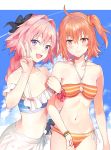  1boy 1girl ahoge astolfo_(fate) bangs bare_shoulders bead_bracelet beads bikini bikini_top black_bow blue_bikini blue_sky blush bow bracelet braid breasts cleavage collarbone command_spell fang fate/apocrypha fate/extella_link fate/grand_order fate_(series) frills fujimaru_ritsuka_(female) hair_between_eyes hair_bow hair_intakes hair_ornament hair_scrunchie hand_gesture highres hips jewelry long_hair looking_at_viewer multicolored_hair nanotaro navel open_mouth orange_bikini_top orange_eyes orange_hair orange_scrunchie pink_hair sarong scrunchie short_hair side_ponytail sky small_breasts smile streaked_hair striped_bikini_top swimsuit trap v violet_eyes waist 