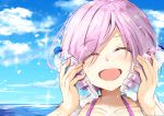  1girl :d ^_^ bangs blue_sky blush bottle bottle_to_cheek closed_eyes closed_eyes collarbone commentary_request day eyebrows_visible_through_hair face facing_viewer fate/grand_order fate_(series) highres hikashou holding holding_bottle mash_kyrielight ocean open_mouth outdoors pink_hair short_hair sky smile solo sparkle sweat swept_bangs water water_bottle wet 