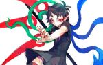  1girl asymmetrical_wings black_dress black_hair dress fang houjuu_nue looking_at_viewer meimaru_inuchiyo outstretched_arm pointy_ears red_eyes short_hair slit_pupils smile snake solo touhou white_background wings 